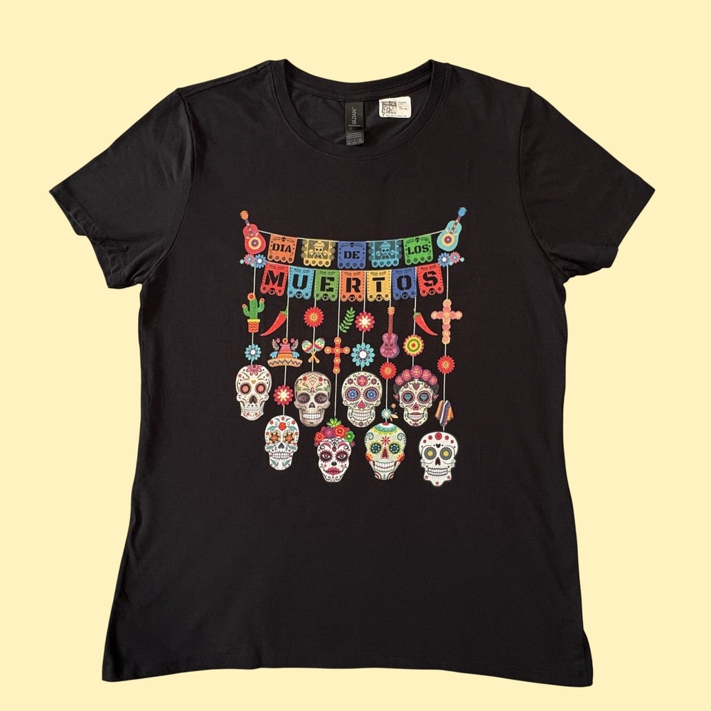 Port & Company Dia De Los Muertos Sugar Skull Black T-Shirt Womens Medium